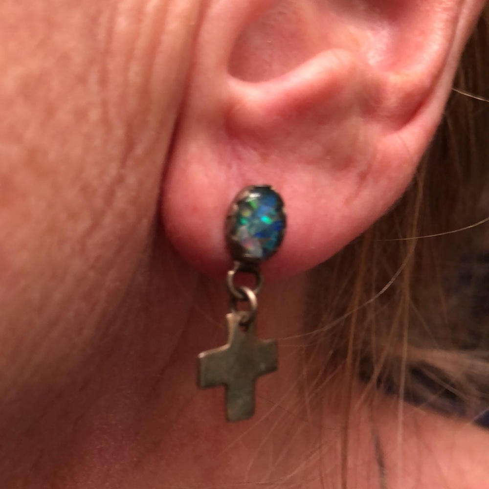 Southwest Sterling Pierced Earrings with Opal, and cross.